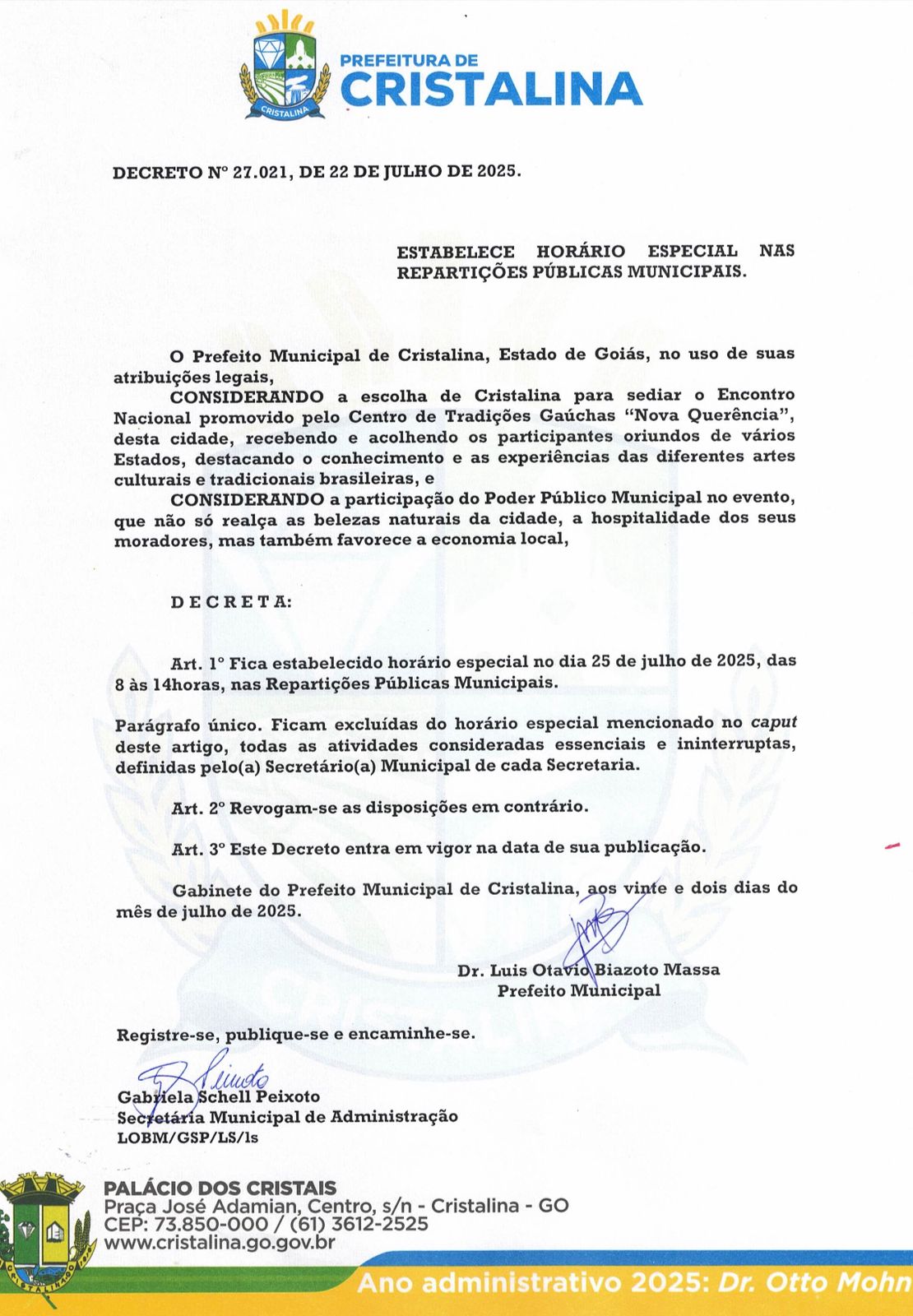 Prefeitura de Cristalina estabelece horário especial nas repartições públicas no dia 25 de julho