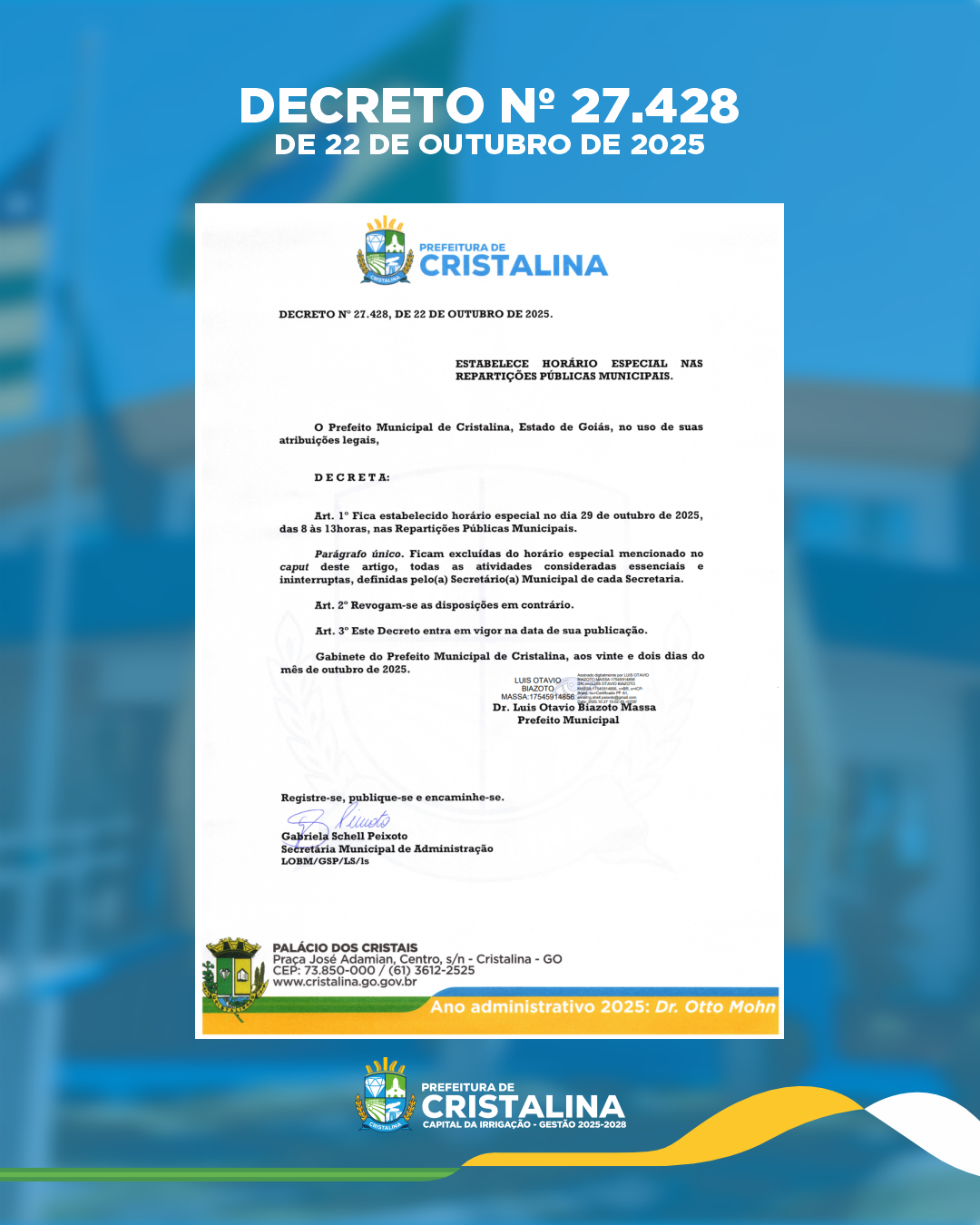 PREFEITURA DE CRISTALINA DEFINE HORÁRIO ESPECIAL NAS REPARTIÇÕES PÚBLICAS NESTA QUARTA-FEIRA (29)
