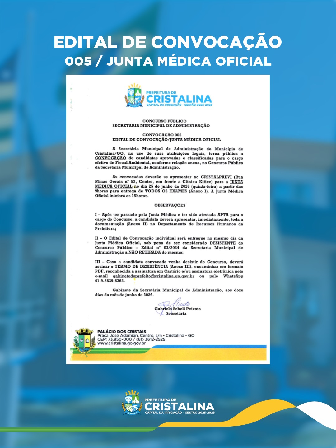 PREFEITURA DE CRISTALINA CONVOCA APROVADAS EM CONCURSO PÚBLICO PARA O CARGO DE FISCAL AMBIENTAL